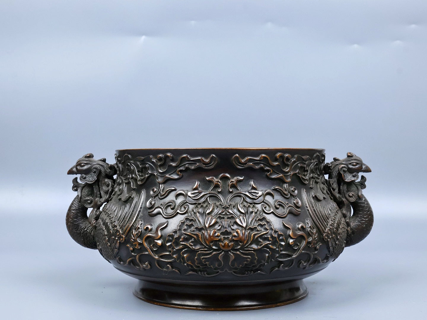 A0762 Chinese Copper Double Ears Phoenix & Peony Incense Burner