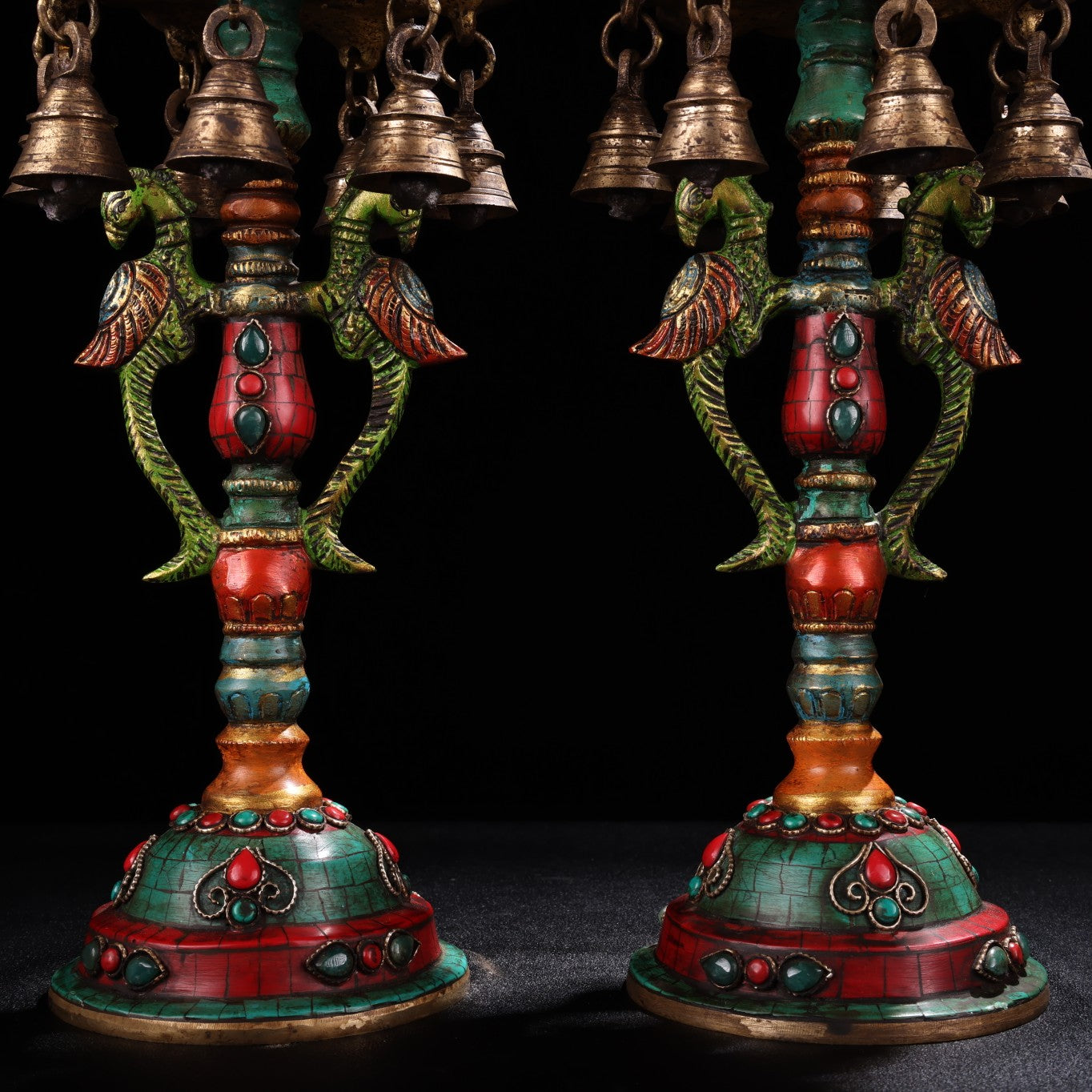 A0770 A Pair Tibetan Buddhism Gilt Gold Copper Inlay Turquoise & Gems Phoenix Candlesticks