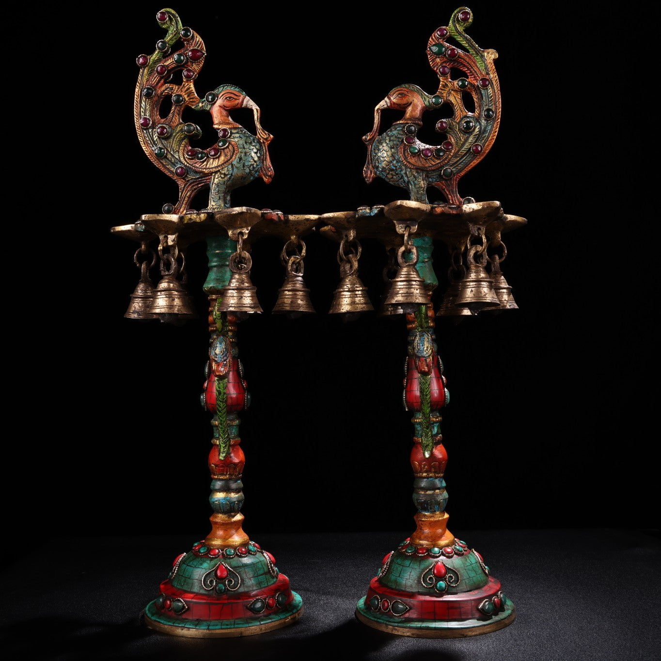 A0770 A Pair Tibetan Buddhism Gilt Gold Copper Inlay Turquoise & Gems Phoenix Candlesticks