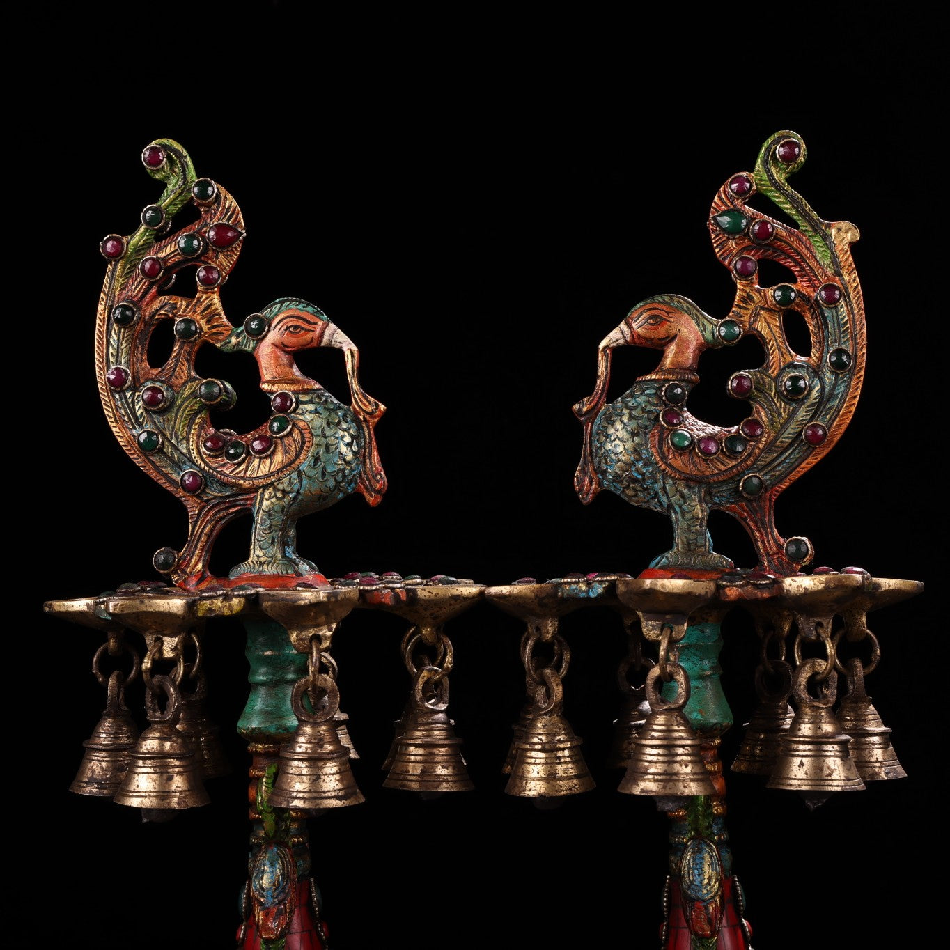 A0770 A Pair Tibetan Buddhism Gilt Gold Copper Inlay Turquoise & Gems Phoenix Candlesticks