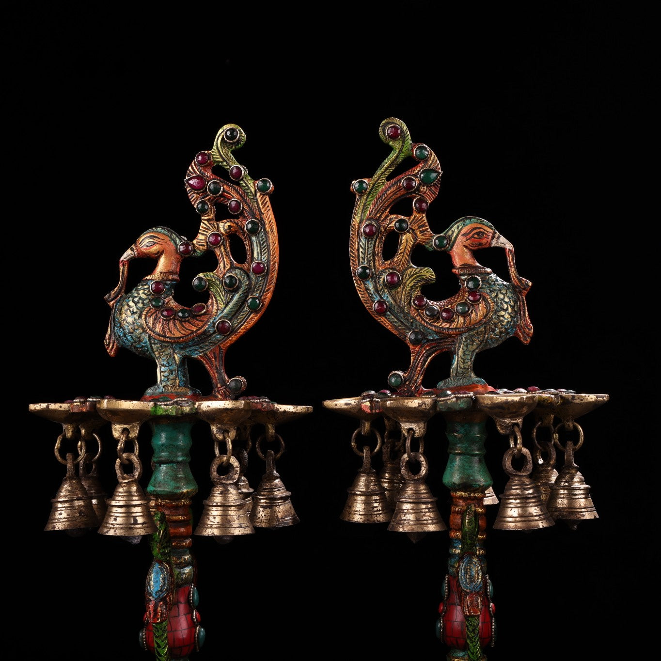 A0770 A Pair Tibetan Buddhism Gilt Gold Copper Inlay Turquoise & Gems Phoenix Candlesticks