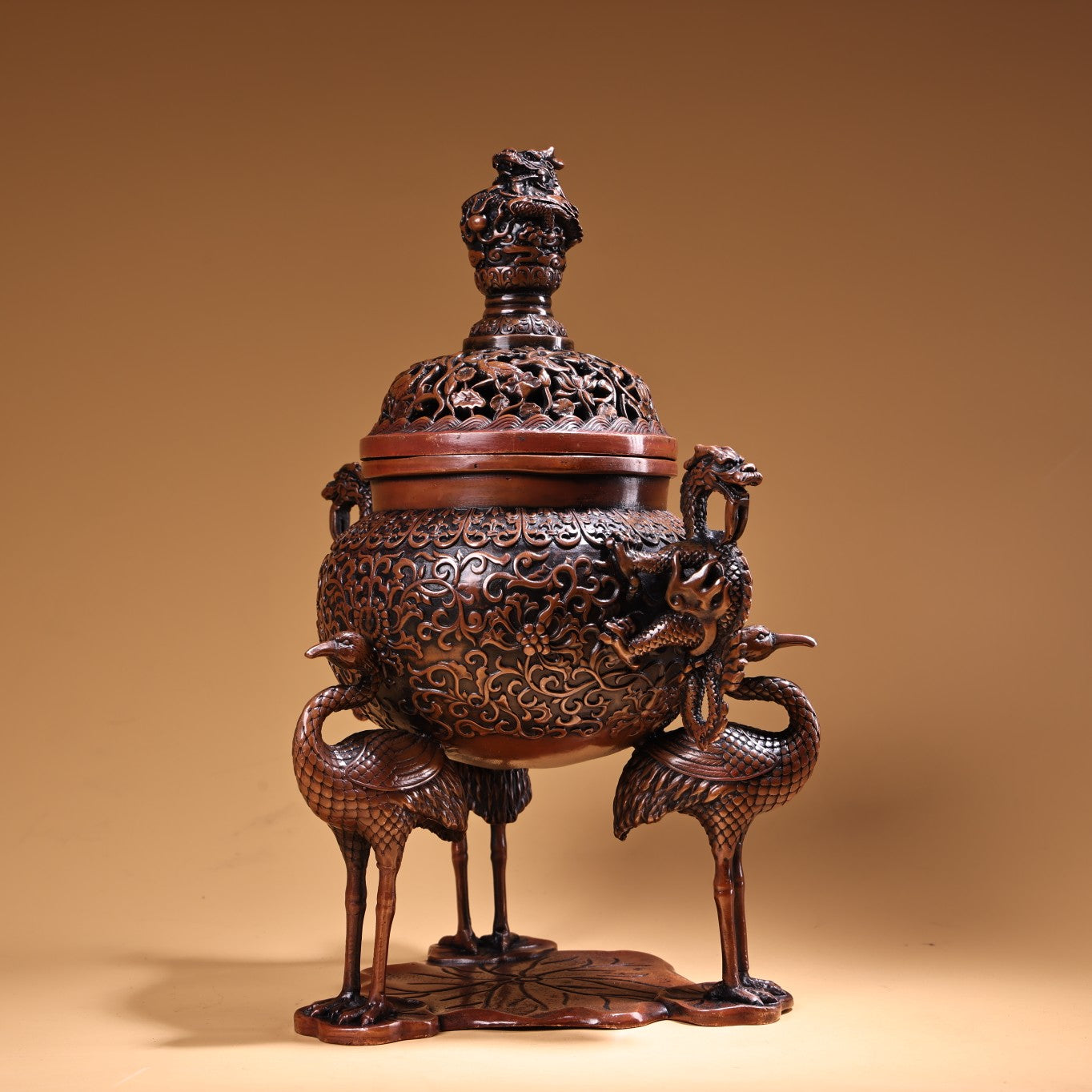 A0775 Vintage Chinese Copper 3 Legs Crane Double Ears Dragon Incense Burner