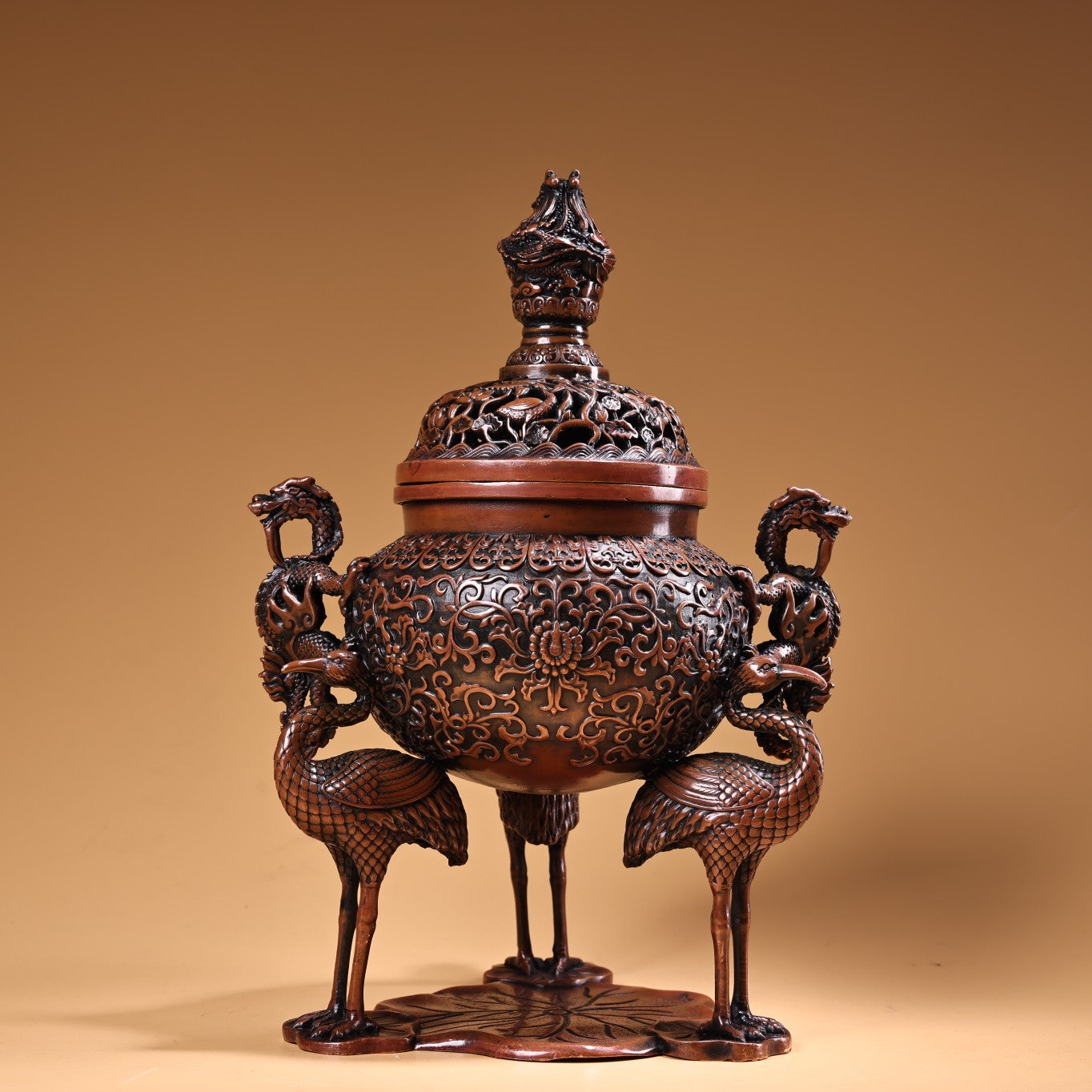 A0775 Vintage Chinese Copper 3 Legs Crane Double Ears Dragon Incense Burner
