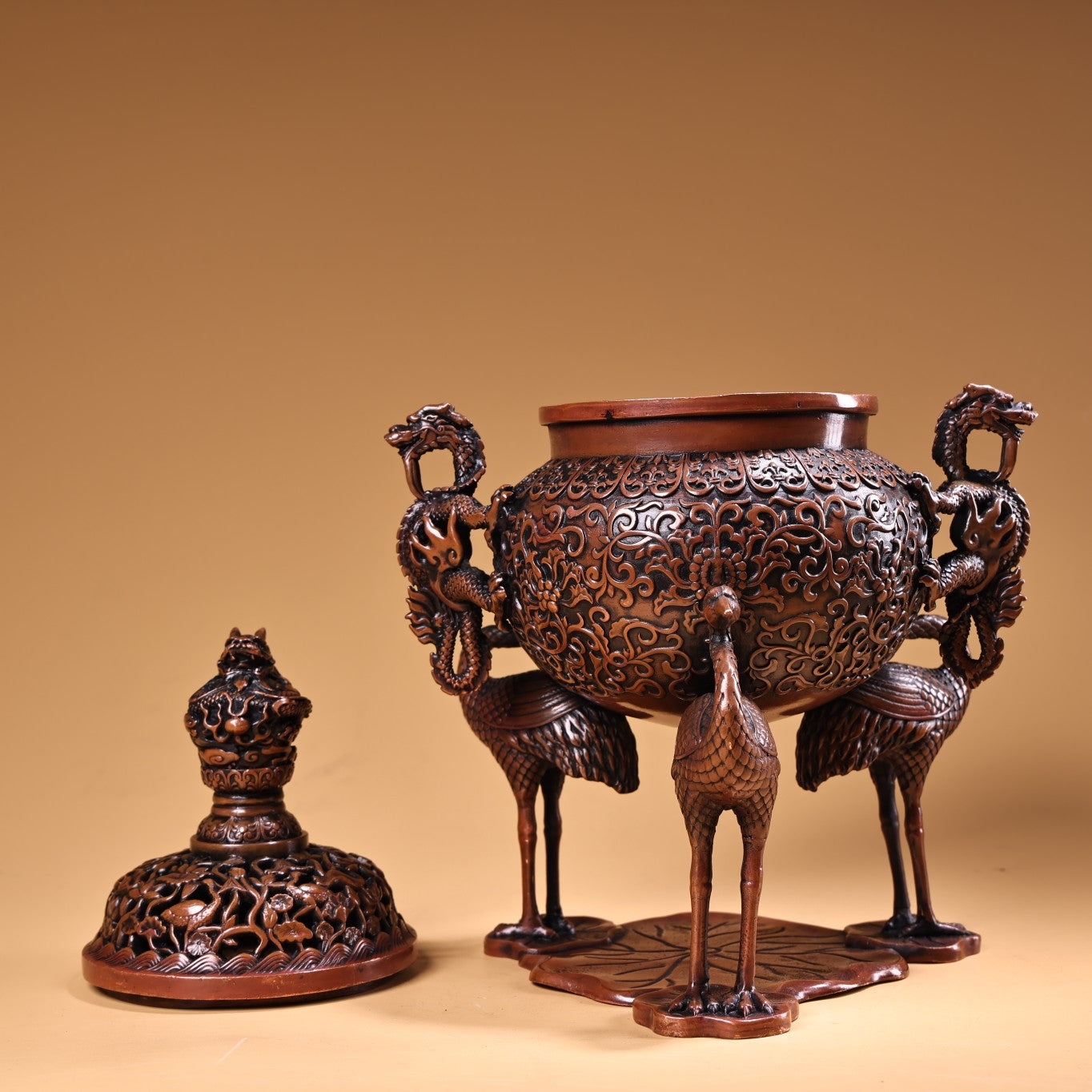 A0775 Vintage Chinese Copper 3 Legs Crane Double Ears Dragon Incense Burner