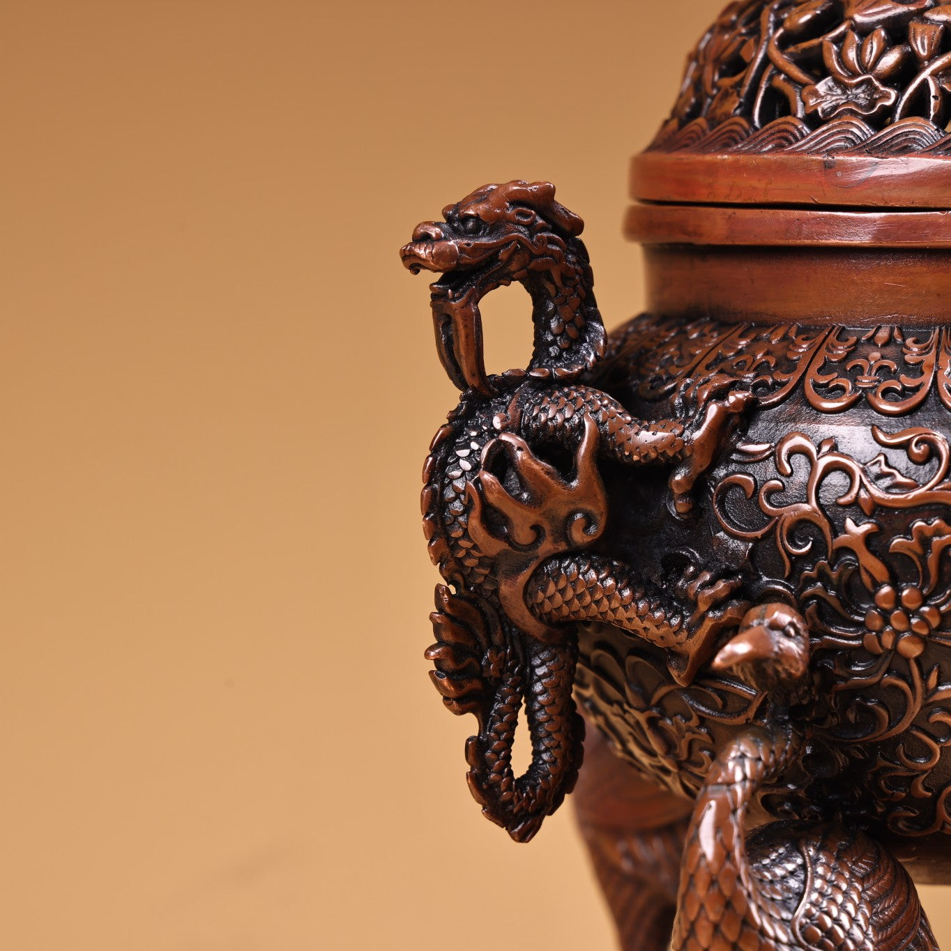 A0775 Vintage Chinese Copper 3 Legs Crane Double Ears Dragon Incense Burner