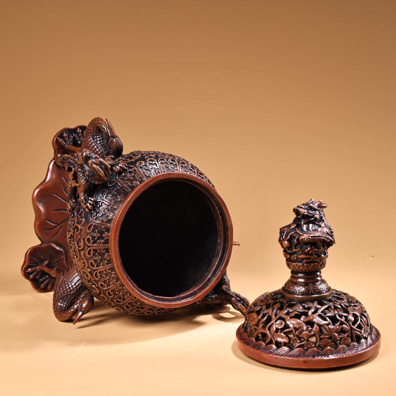 A0775 Vintage Chinese Copper 3 Legs Crane Double Ears Dragon Incense Burner