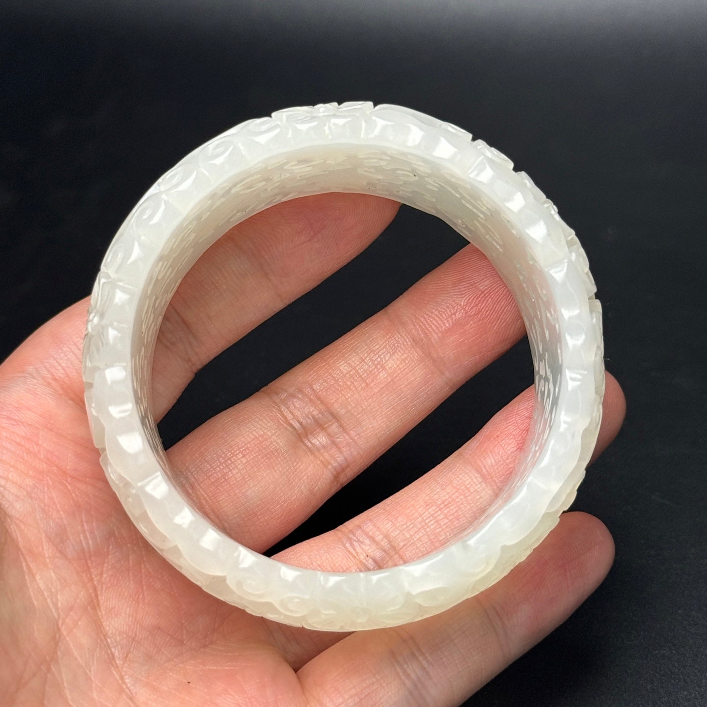 A0777 Inside Diameter 58.5 MM Openwork Chinese Hetian Jade Carved Flowers Bracelet