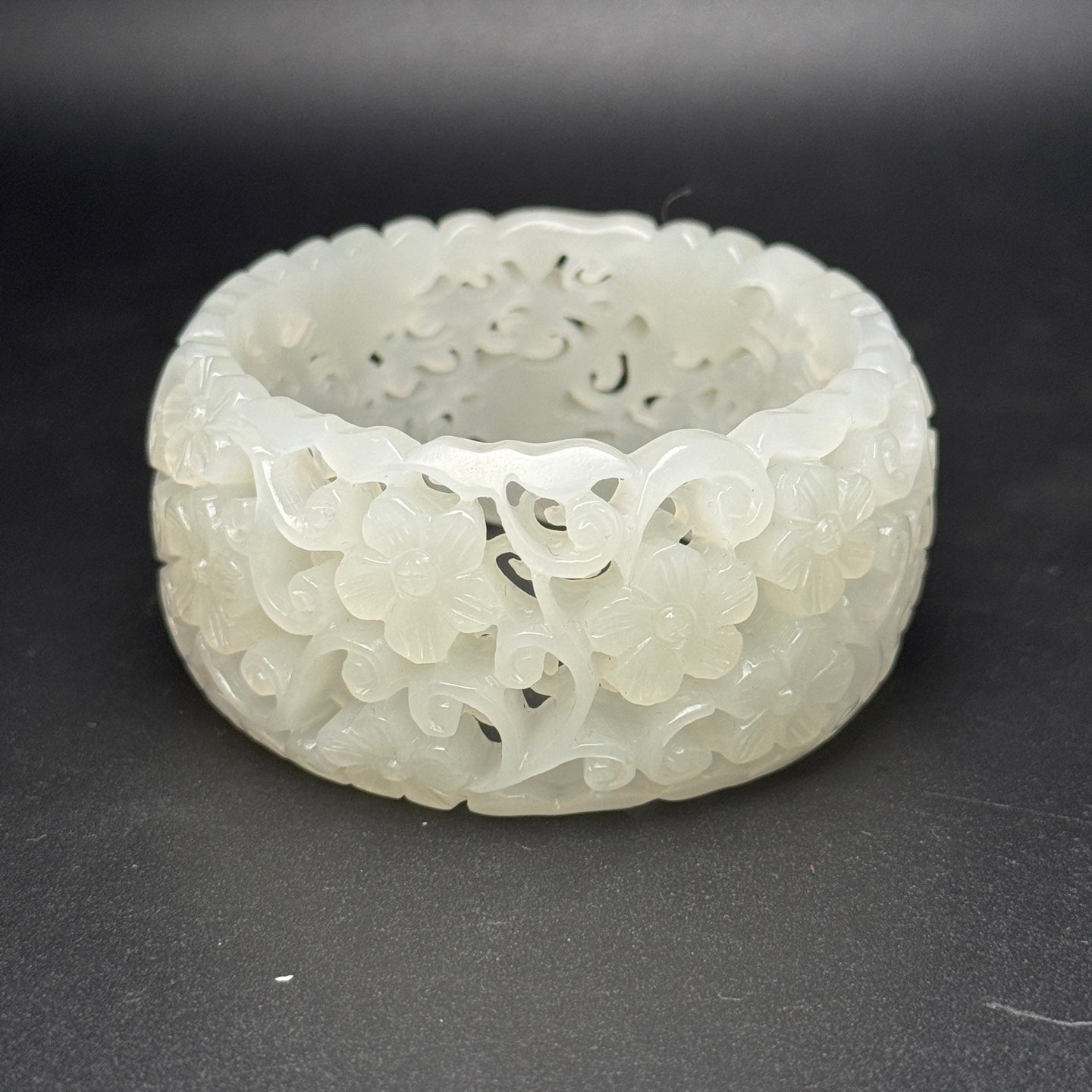 A0777 Inside Diameter 58.5 MM Openwork Chinese Hetian Jade Carved Flowers Bracelet