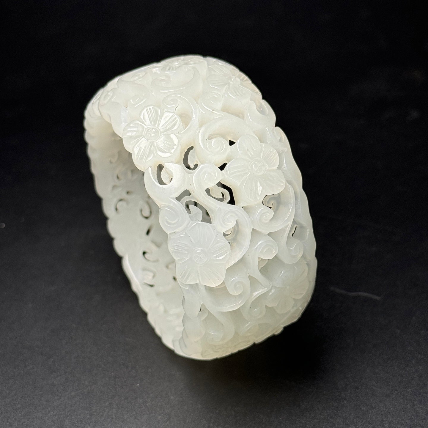 A0777 Inside Diameter 58.5 MM Openwork Chinese Hetian Jade Carved Flowers Bracelet