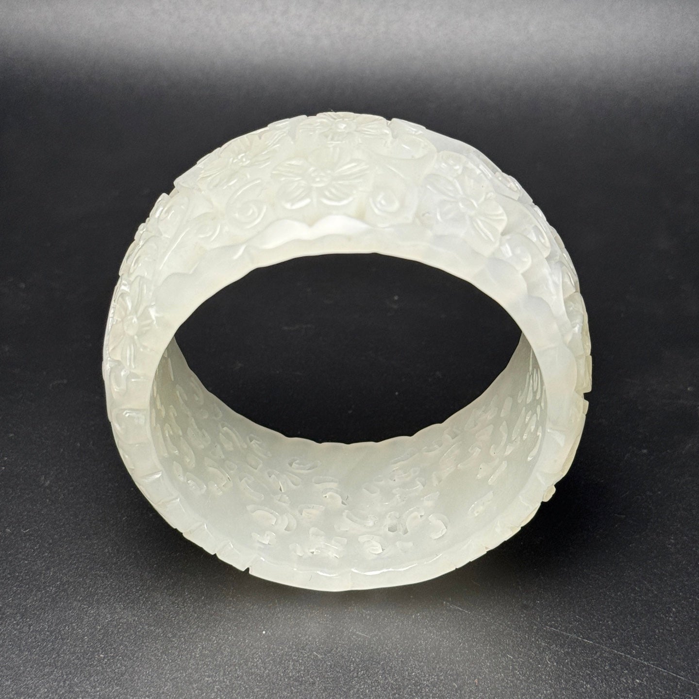 A0777 Inside Diameter 58.5 MM Openwork Chinese Hetian Jade Carved Flowers Bracelet