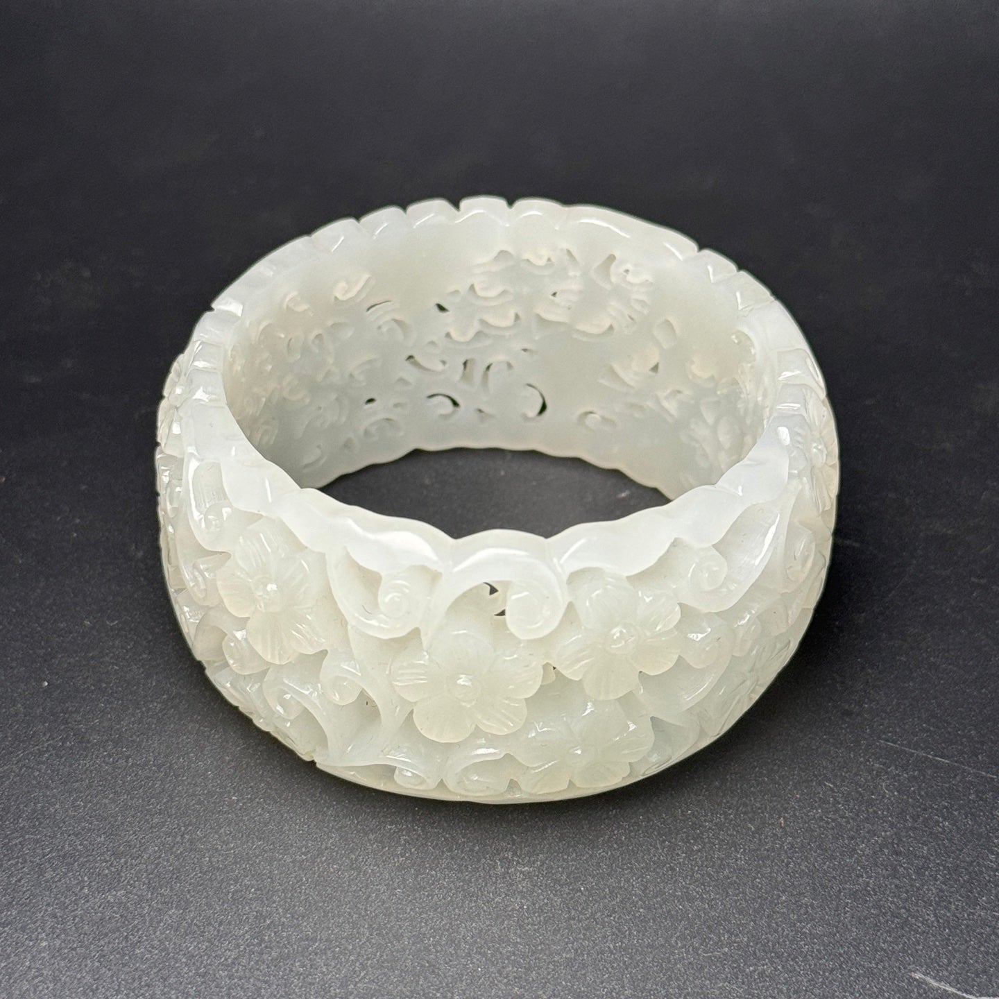 A0777 Inside Diameter 58.5 MM Openwork Chinese Hetian Jade Carved Flowers Bracelet