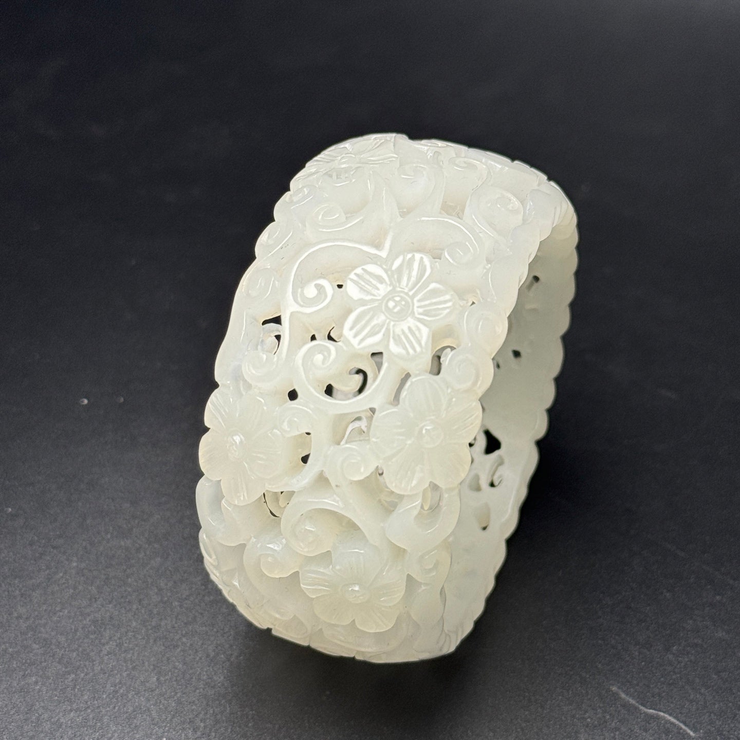A0777 Inside Diameter 58.5 MM Openwork Chinese Hetian Jade Carved Flowers Bracelet