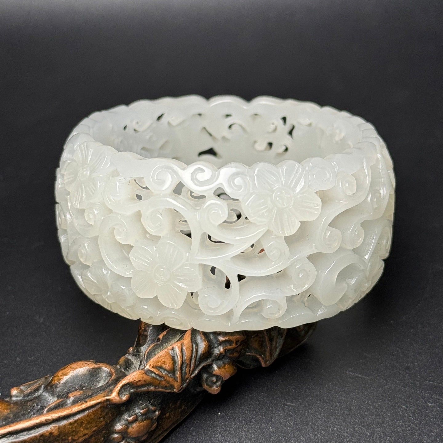A0777 Inside Diameter 58.5 MM Openwork Chinese Hetian Jade Carved Flowers Bracelet