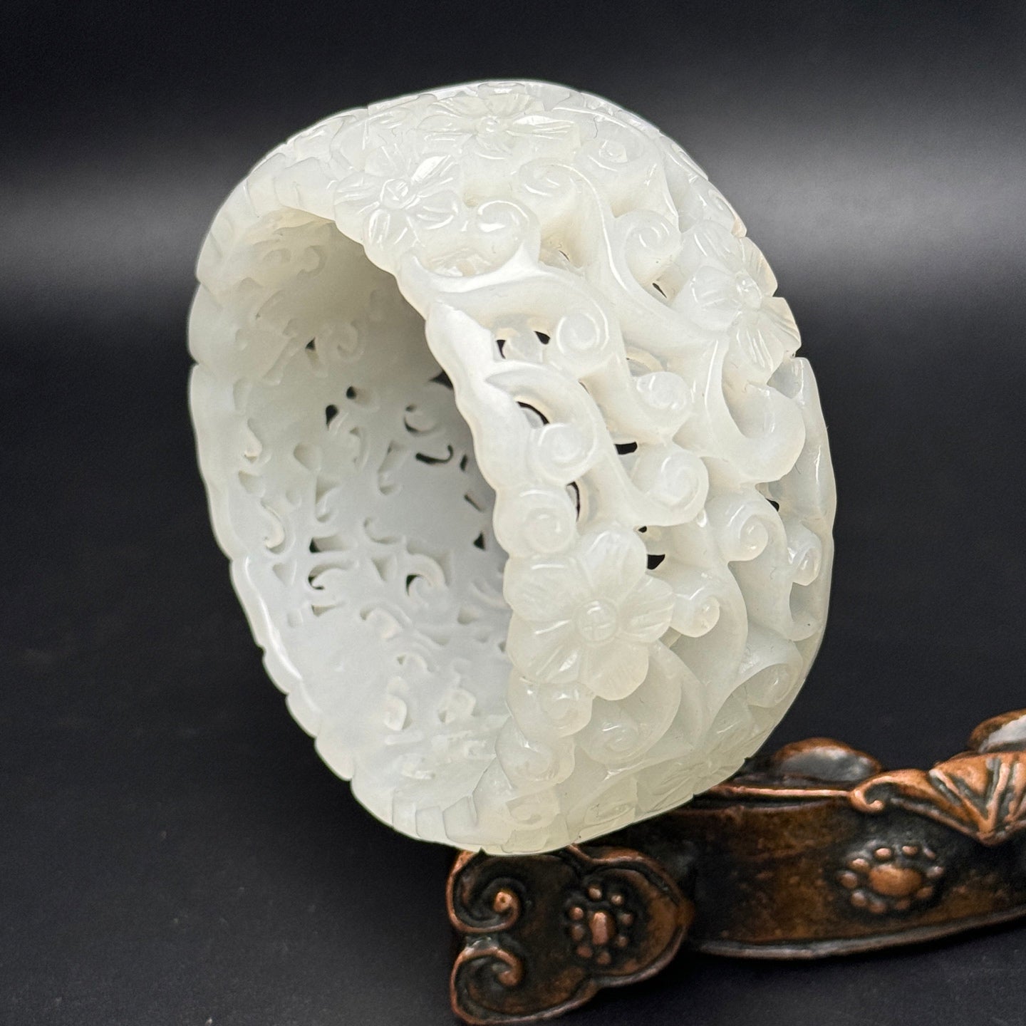 A0777 Inside Diameter 58.5 MM Openwork Chinese Hetian Jade Carved Flowers Bracelet
