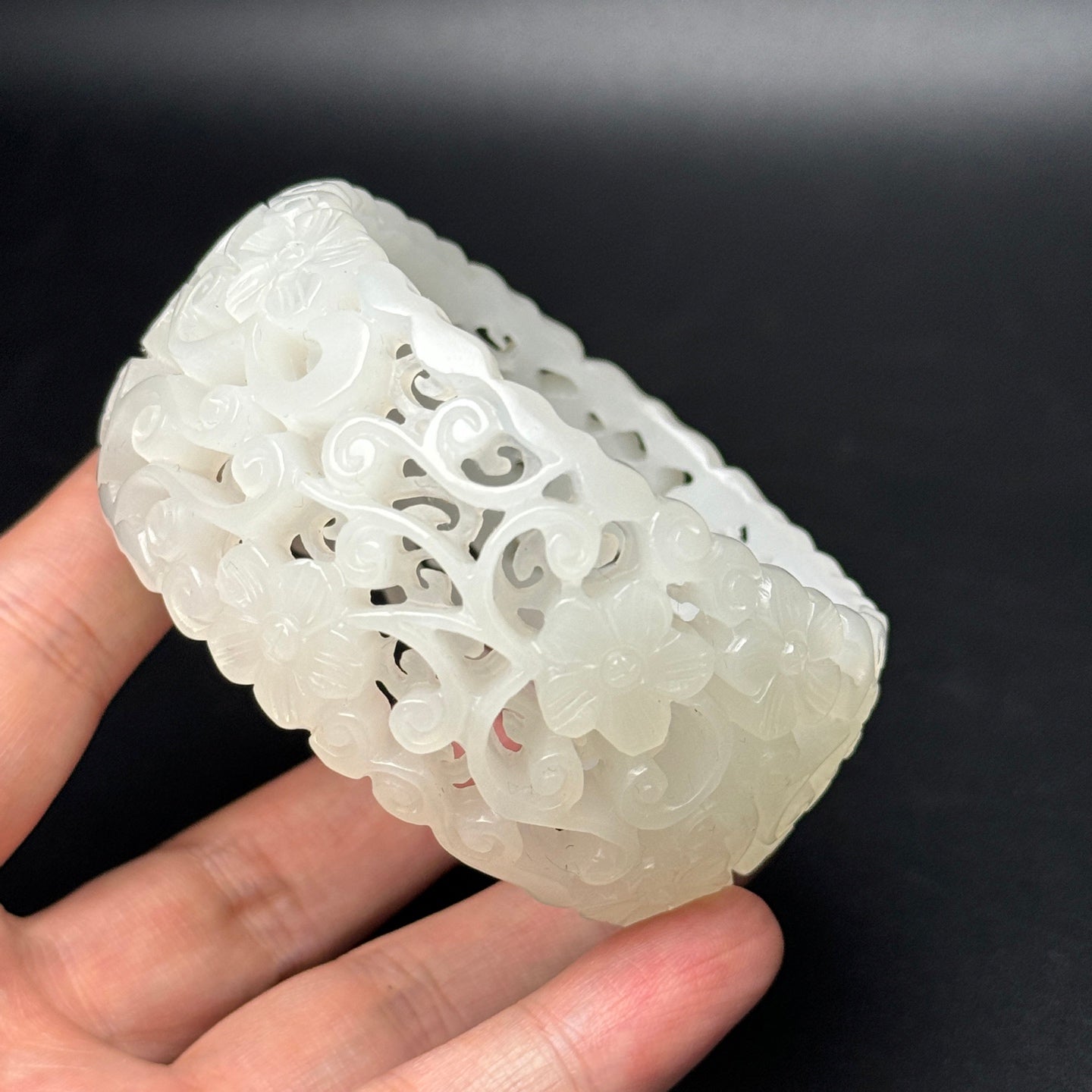 A0777 Inside Diameter 58.5 MM Openwork Chinese Hetian Jade Carved Flowers Bracelet
