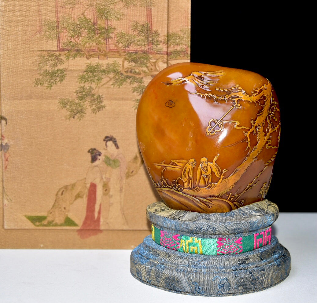 A0778 Superb Old Chinese Shoushan Tianhuang Stone Low Relief Pine Tree & Figure Seal Statue w Box