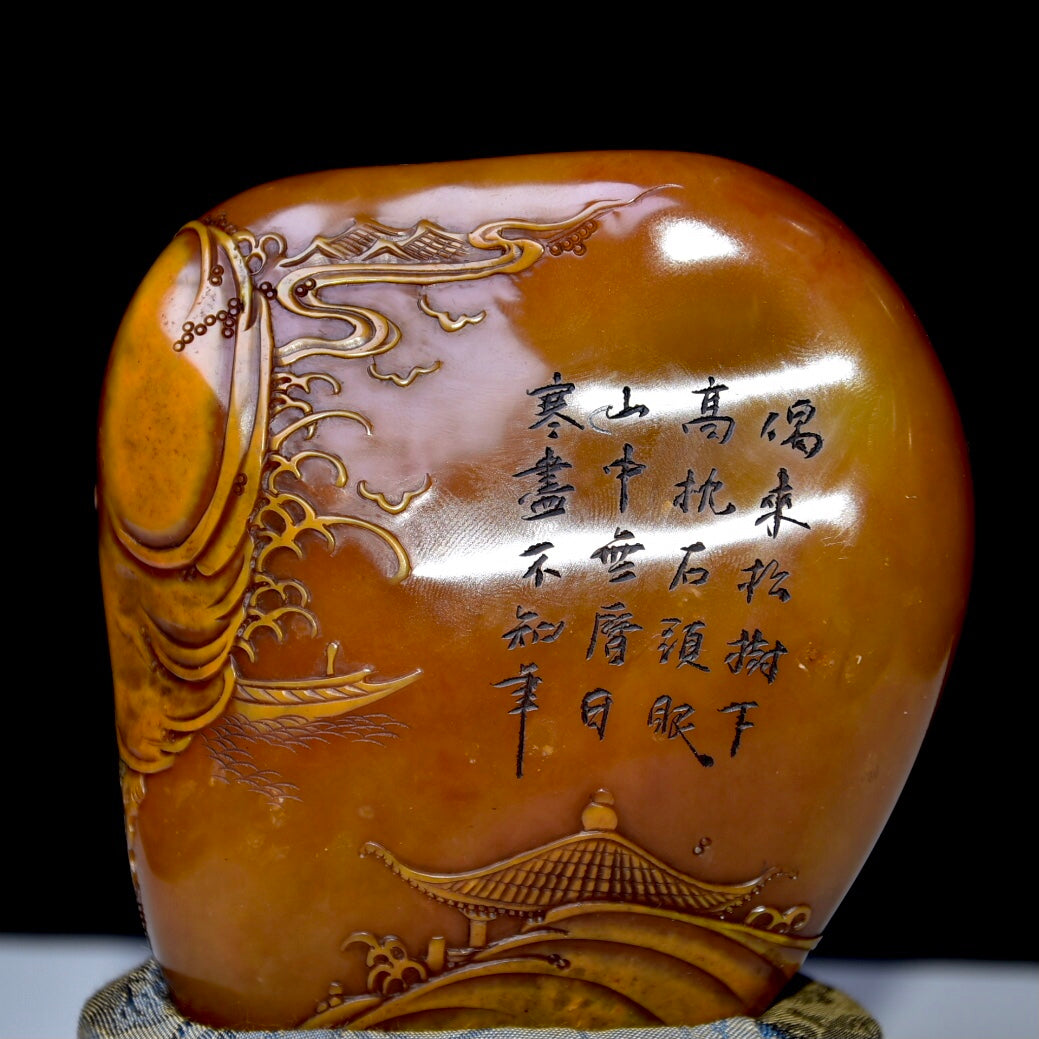 A0778 Superb Old Chinese Shoushan Tianhuang Stone Low Relief Pine Tree & Figure Seal Statue w Box