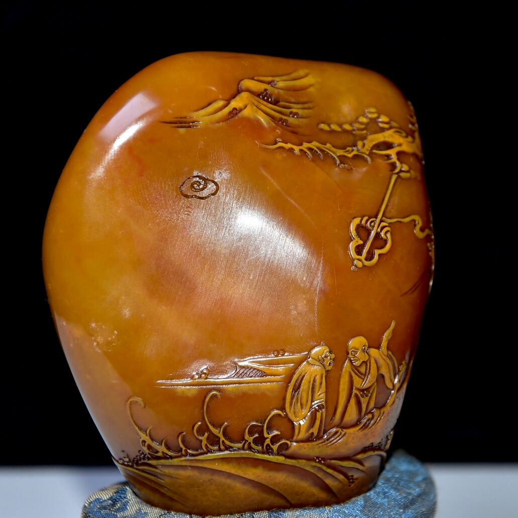 A0778 Superb Old Chinese Shoushan Tianhuang Stone Low Relief Pine Tree & Figure Seal Statue w Box