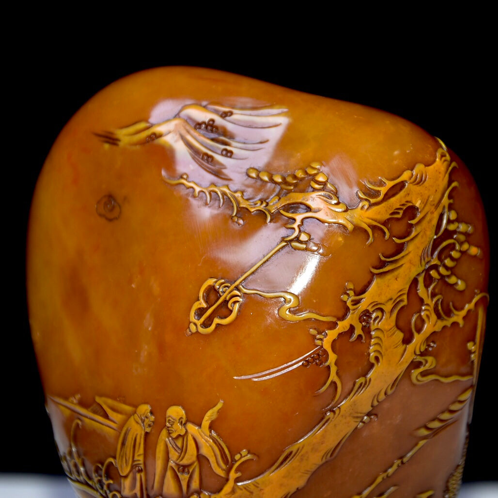 A0778 Superb Old Chinese Shoushan Tianhuang Stone Low Relief Pine Tree & Figure Seal Statue w Box