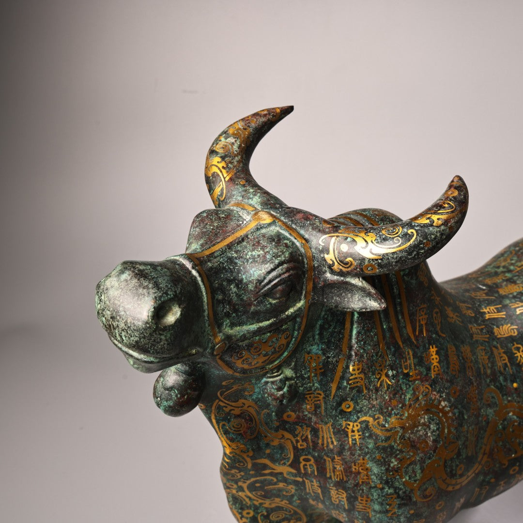 A0779 Vintage Chinese Gilt Gold Bronze Fortune Ox Statue