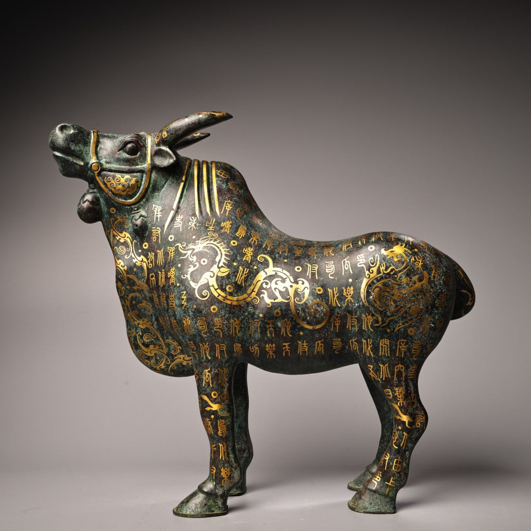 A0779 Vintage Chinese Gilt Gold Bronze Fortune Ox Statue
