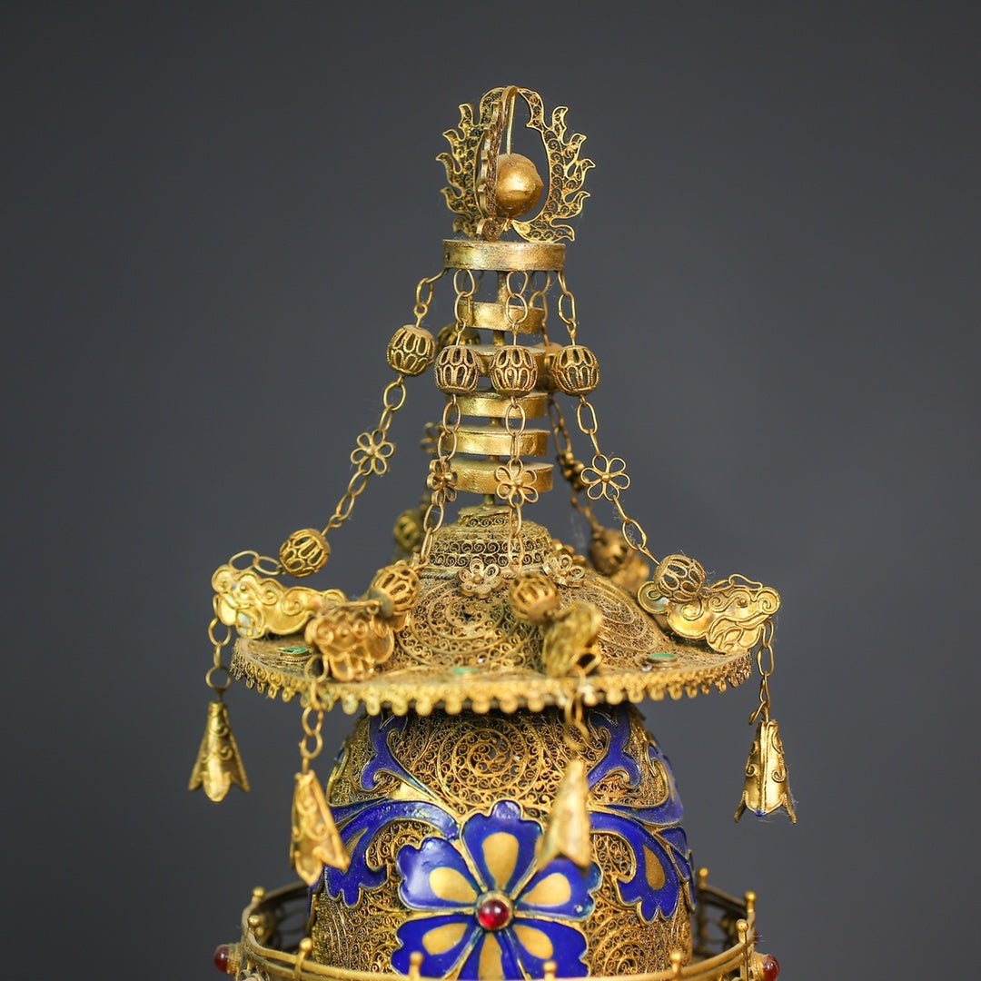 A0782 Exquisite Chinese Gold Wires Enamel Inlay Gem Pagoda Statue