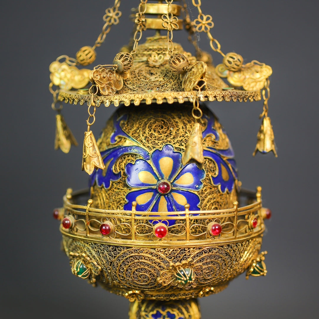 A0782 Exquisite Chinese Gold Wires Enamel Inlay Gem Pagoda Statue