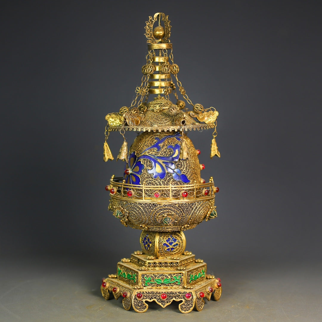 A0782 Exquisite Chinese Gold Wires Enamel Inlay Gem Pagoda Statue