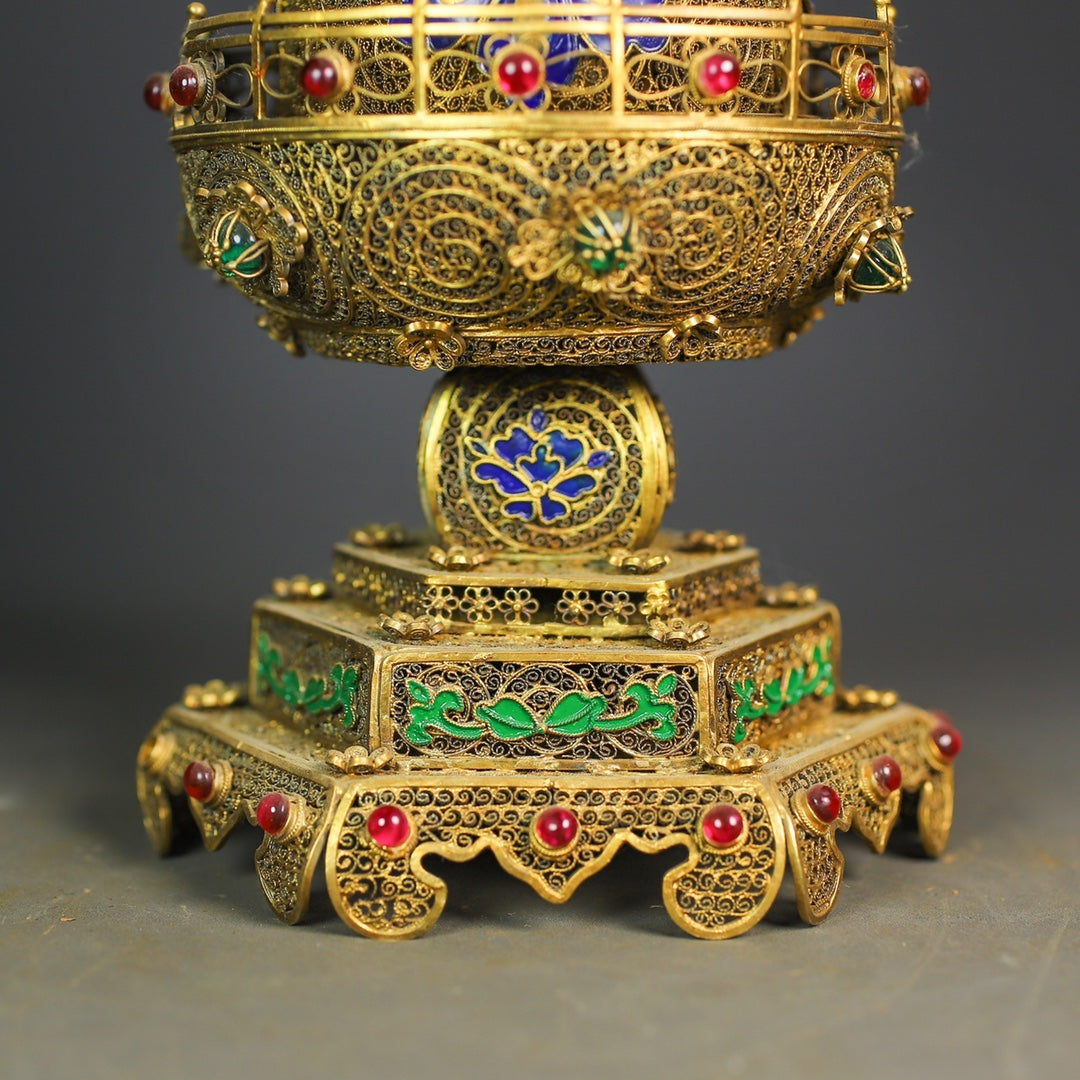A0782 Exquisite Chinese Gold Wires Enamel Inlay Gem Pagoda Statue