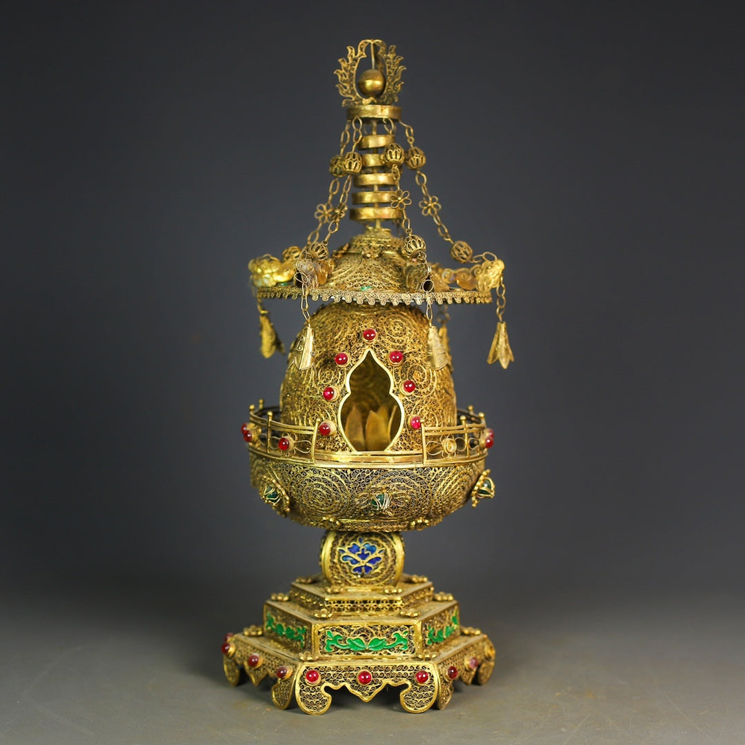 A0782 Exquisite Chinese Gold Wires Enamel Inlay Gem Pagoda Statue