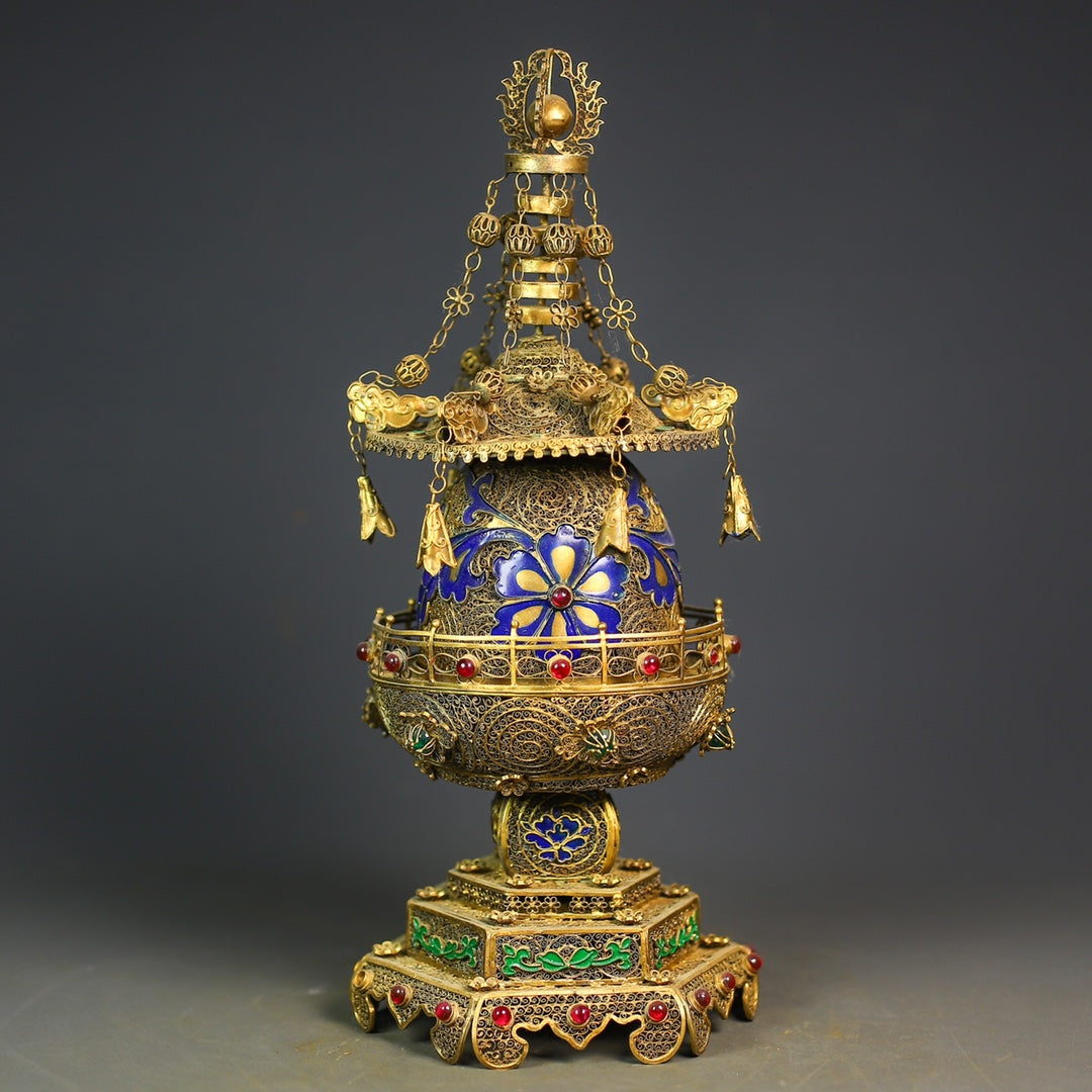 A0782 Exquisite Chinese Gold Wires Enamel Inlay Gem Pagoda Statue