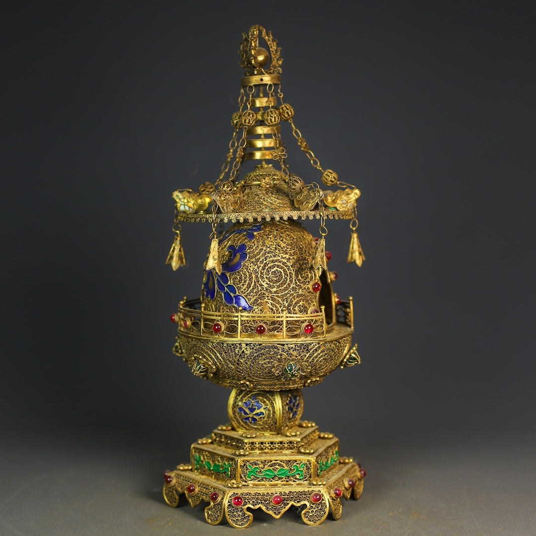 A0782 Exquisite Chinese Gold Wires Enamel Inlay Gem Pagoda Statue