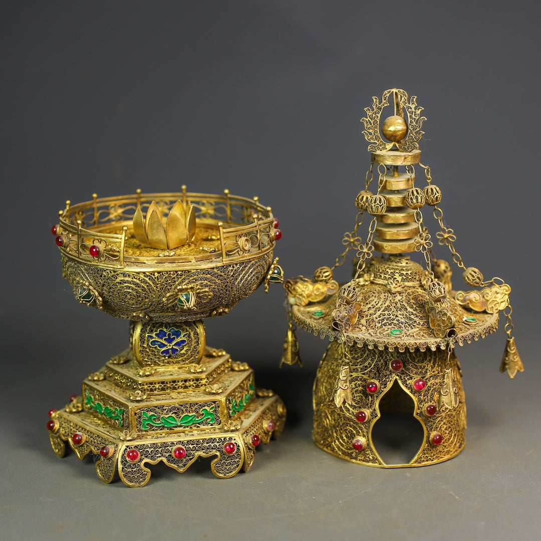 A0782 Exquisite Chinese Gold Wires Enamel Inlay Gem Pagoda Statue