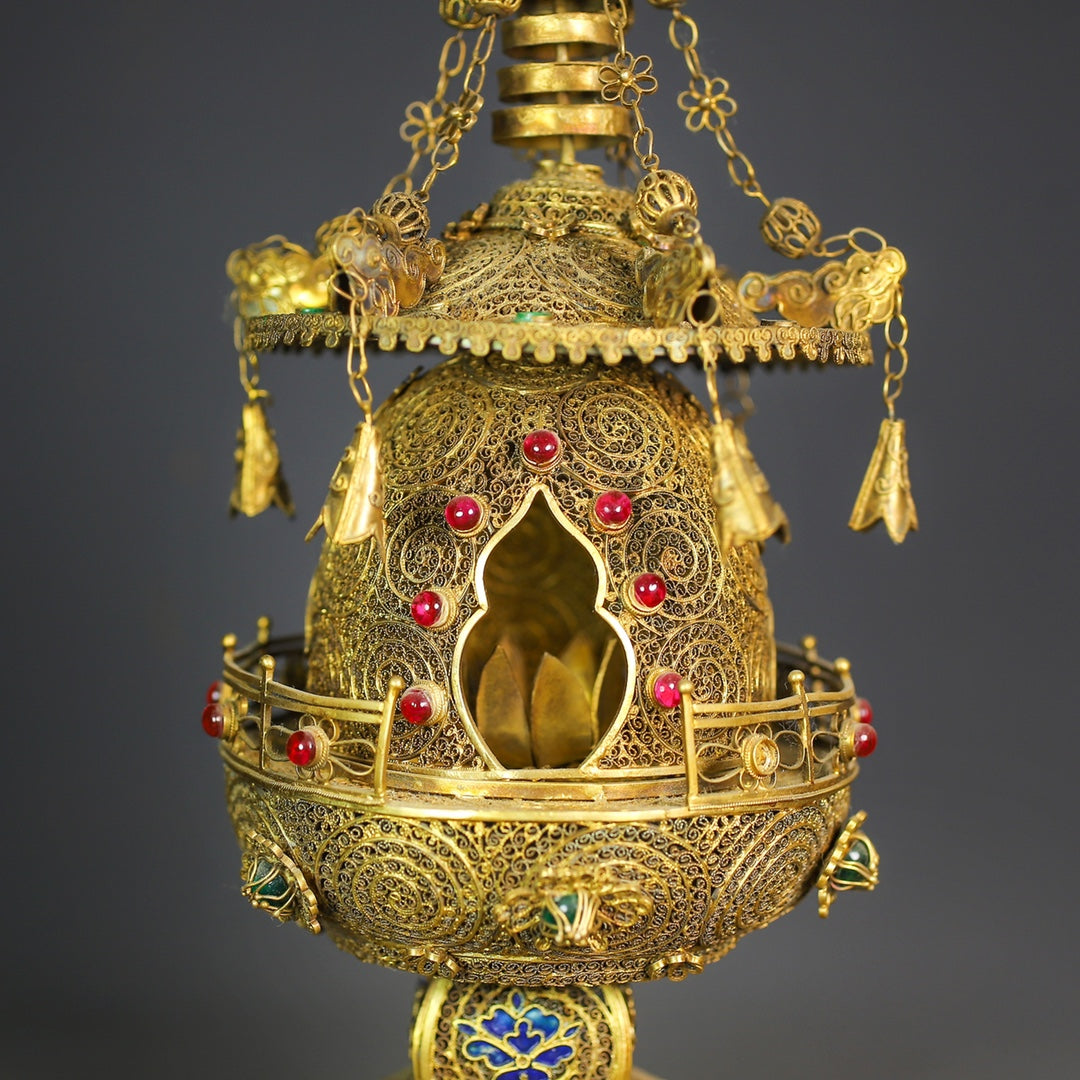 A0782 Exquisite Chinese Gold Wires Enamel Inlay Gem Pagoda Statue