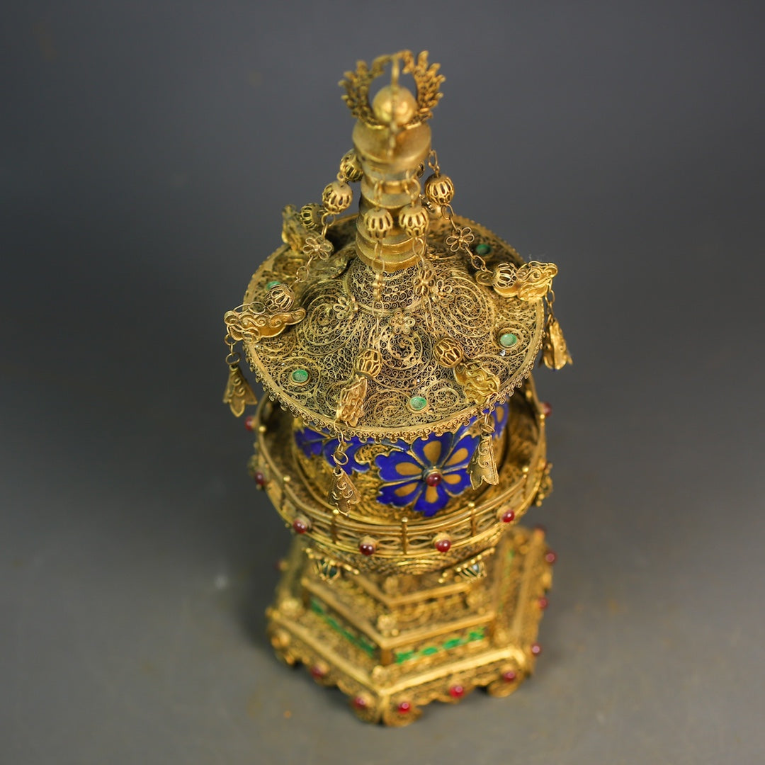 A0782 Exquisite Chinese Gold Wires Enamel Inlay Gem Pagoda Statue