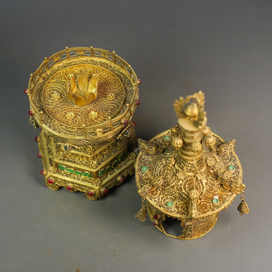 A0782 Exquisite Chinese Gold Wires Enamel Inlay Gem Pagoda Statue