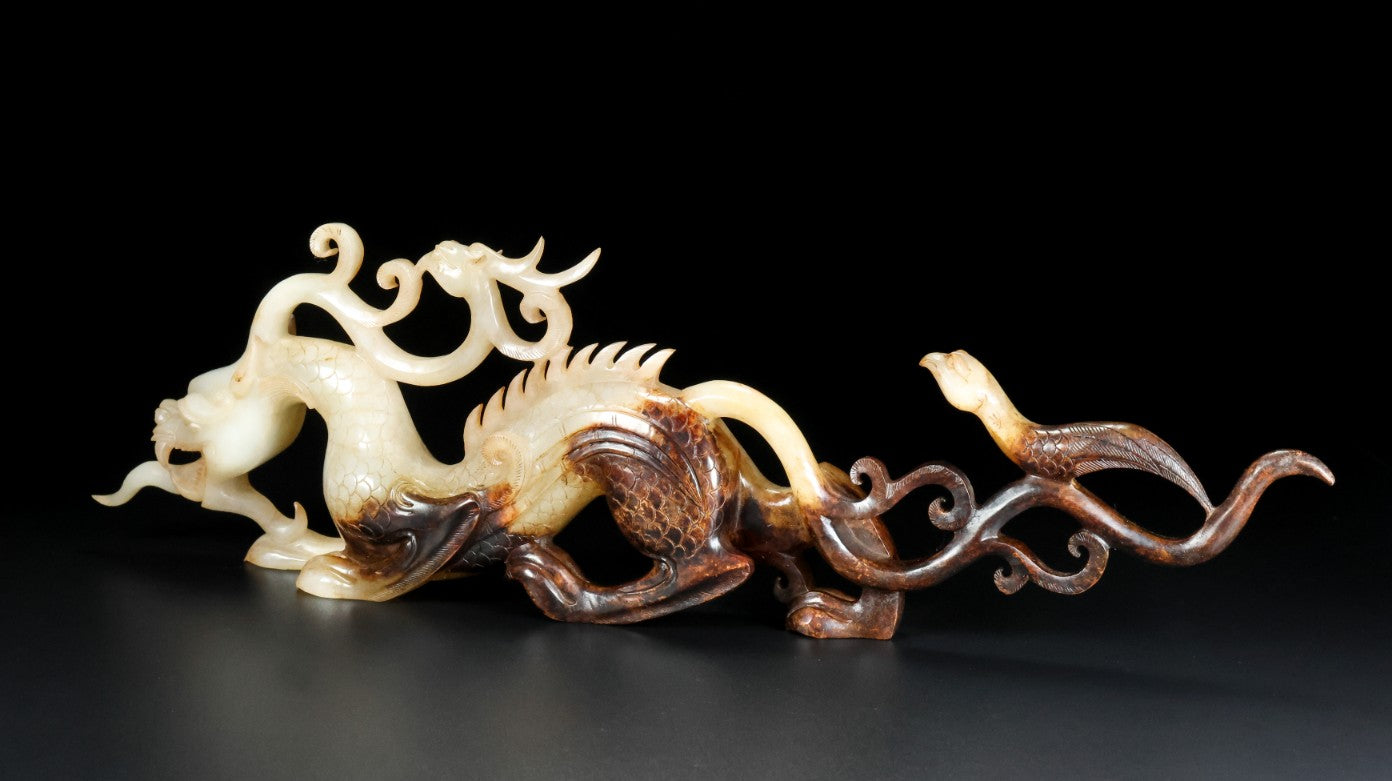 A0787 Vintage Chinese Hetian Jade Carved Fortune Dragon Statue