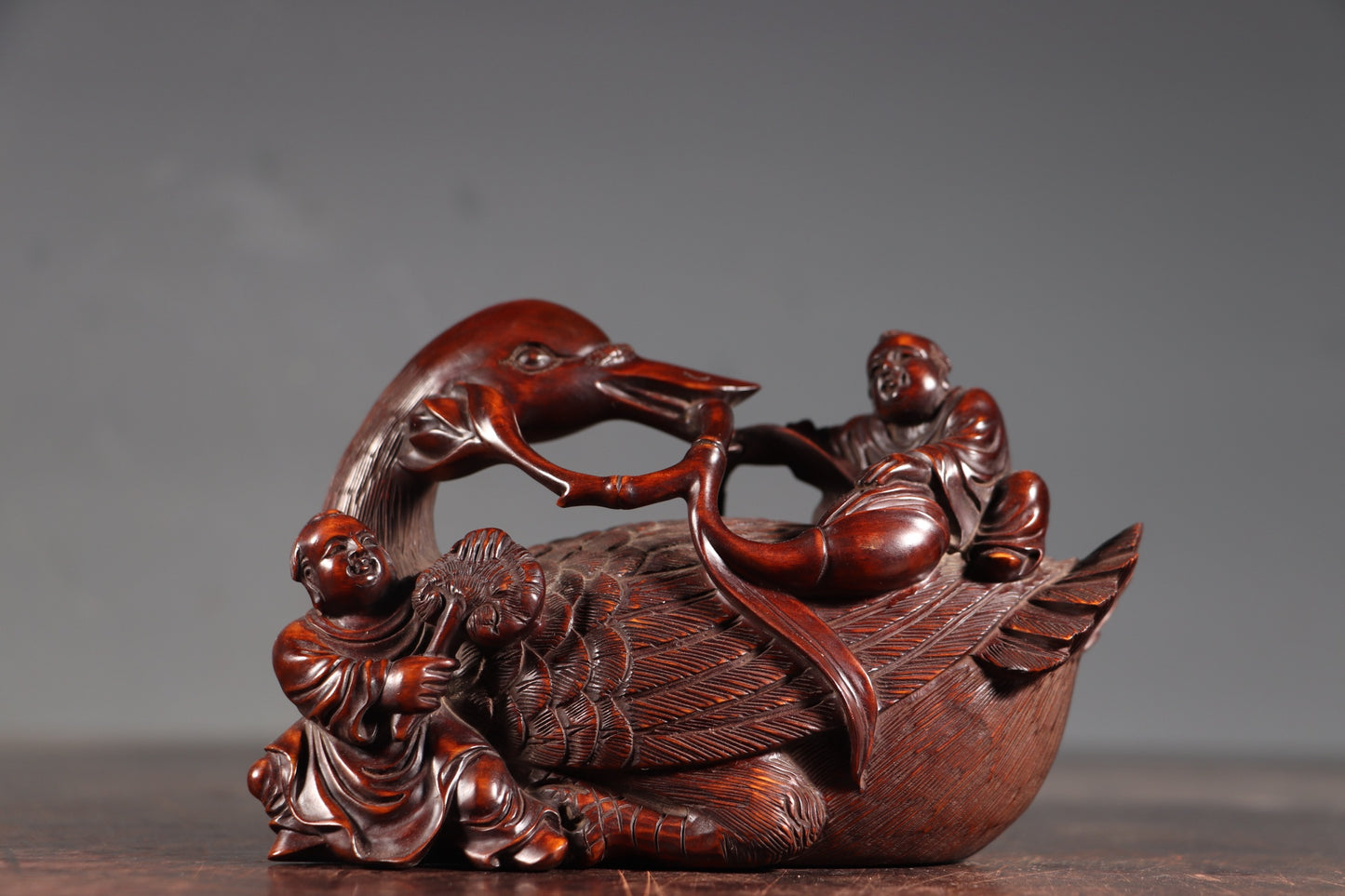 A0794 Antique Chinese Boxwood Wood Carved Duck & Urchin Statue