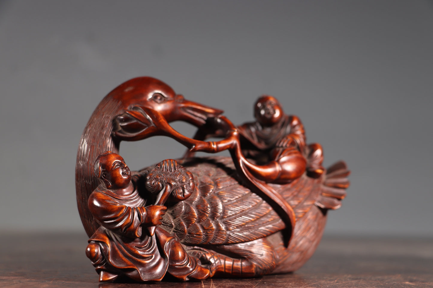 A0794 Antique Chinese Boxwood Wood Carved Duck & Urchin Statue