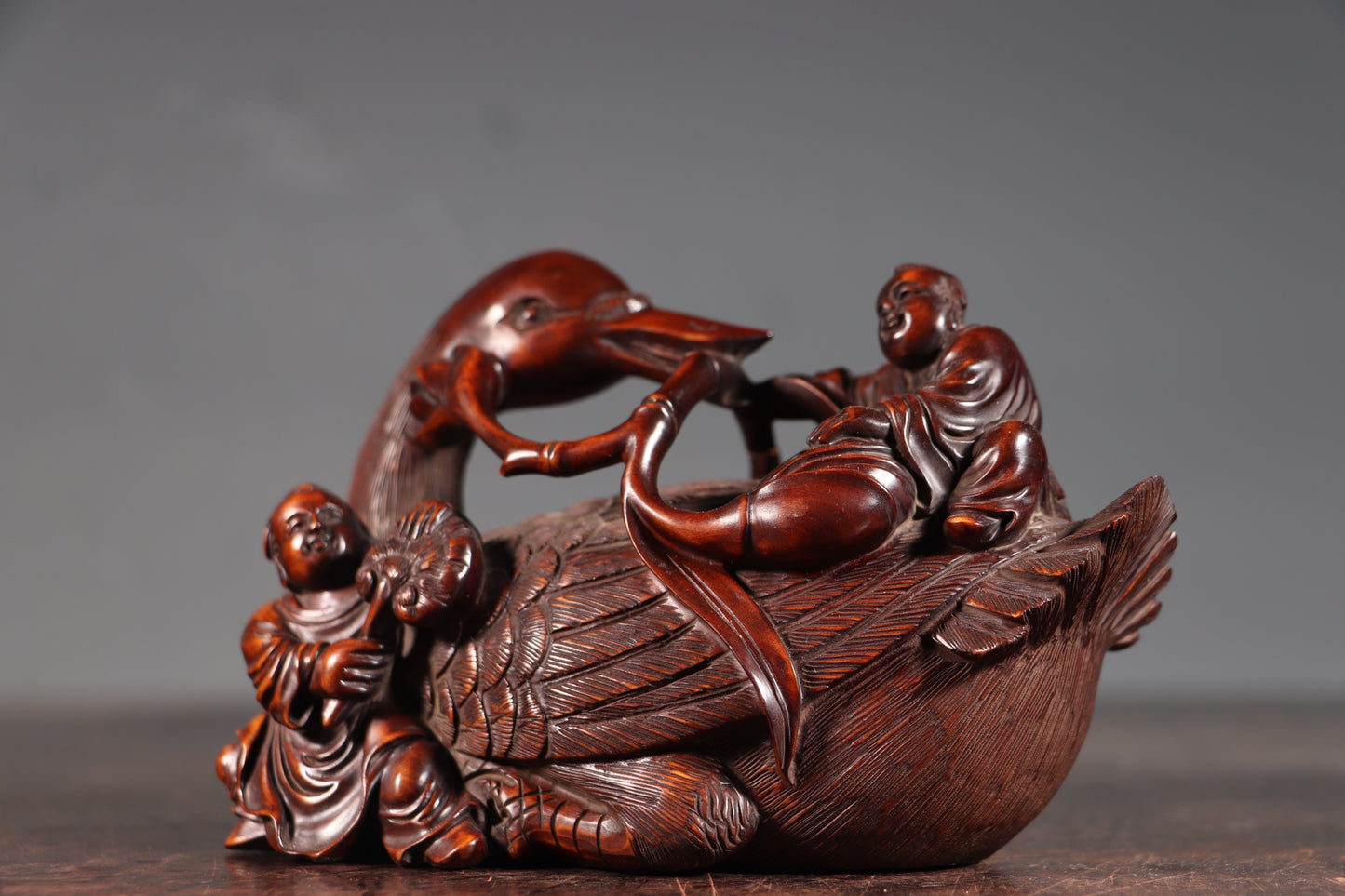 A0794 Antique Chinese Boxwood Wood Carved Duck & Urchin Statue