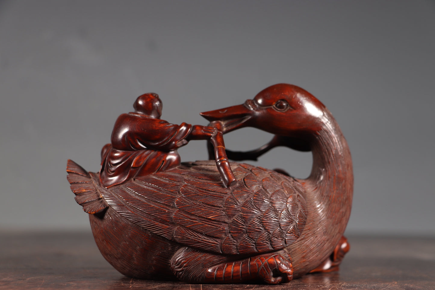 A0794 Antique Chinese Boxwood Wood Carved Duck & Urchin Statue