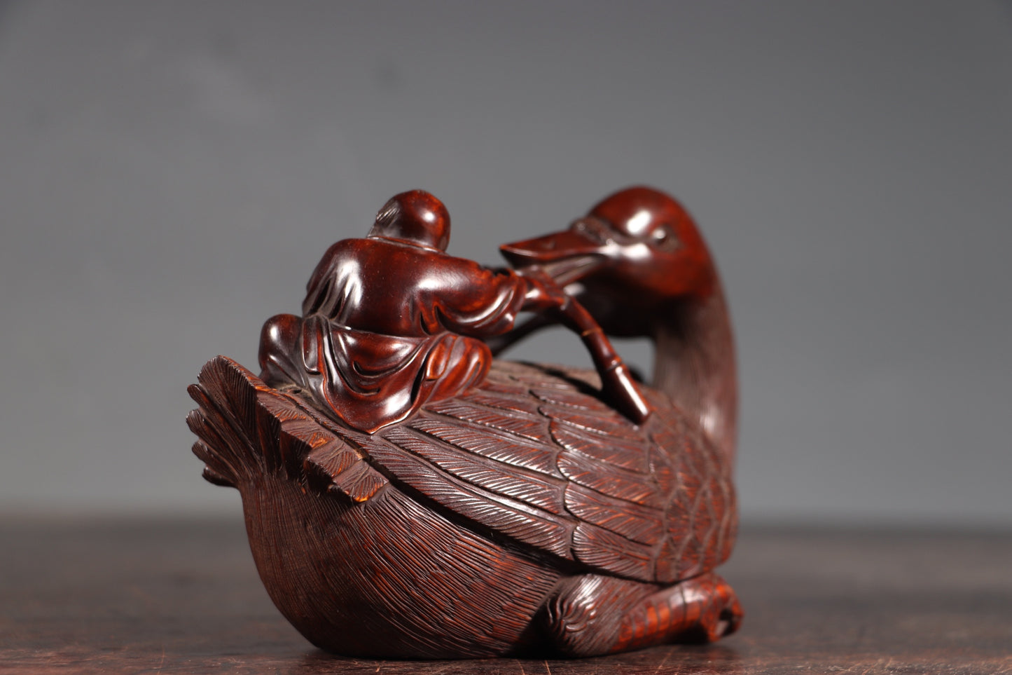 A0794 Antique Chinese Boxwood Wood Carved Duck & Urchin Statue