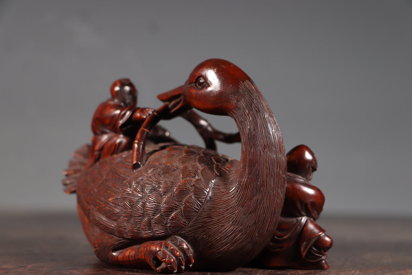 A0794 Antique Chinese Boxwood Wood Carved Duck & Urchin Statue