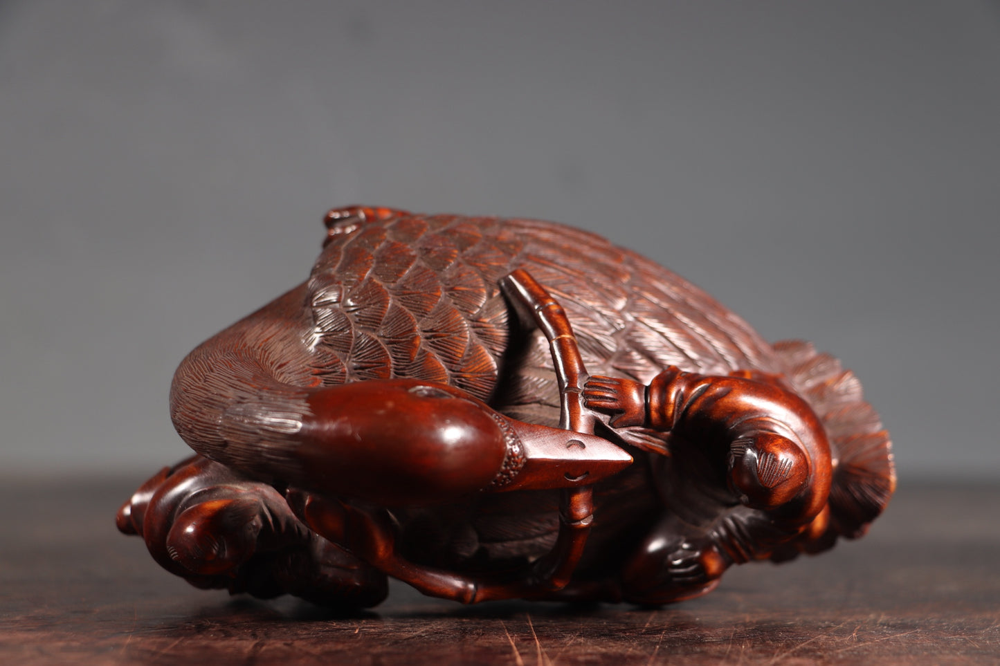 A0794 Antique Chinese Boxwood Wood Carved Duck & Urchin Statue