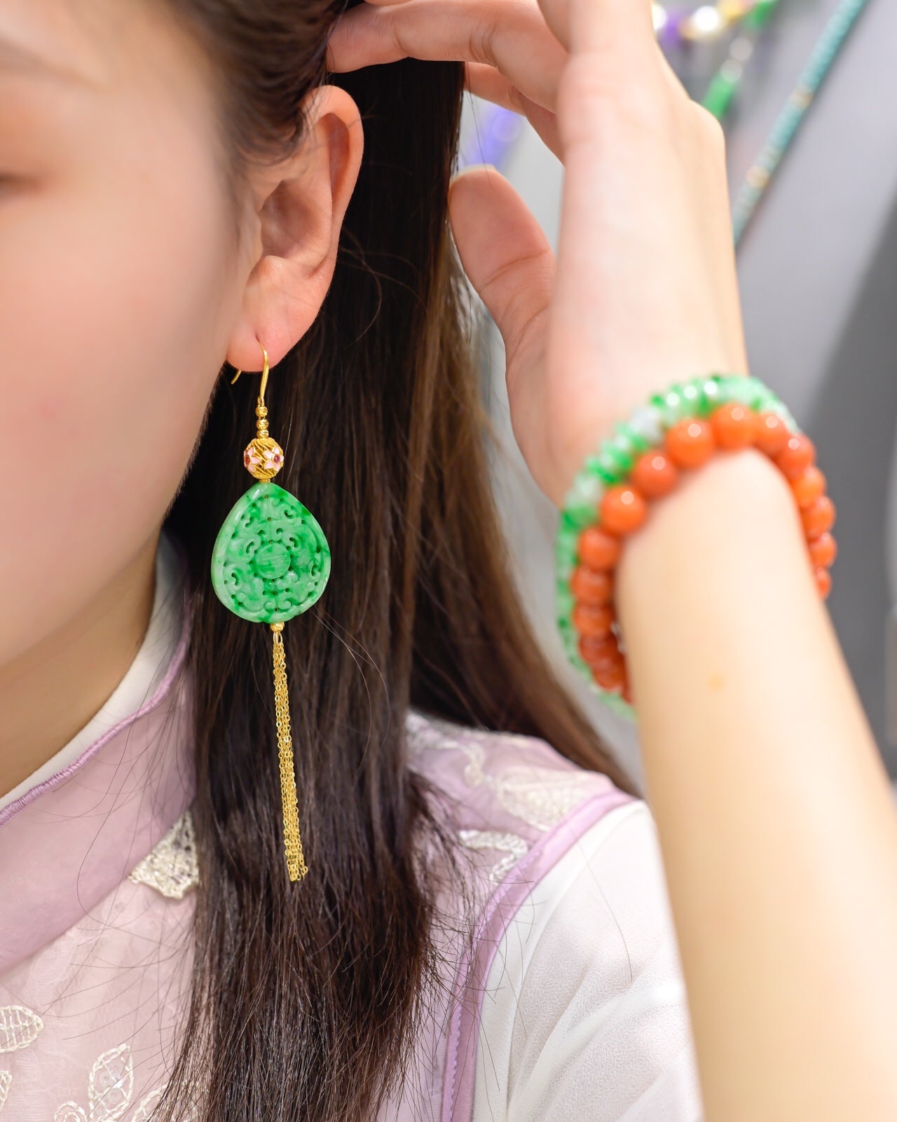 A0795 A Pair Exquisite 18K Gold Inlay Jadeite Earring