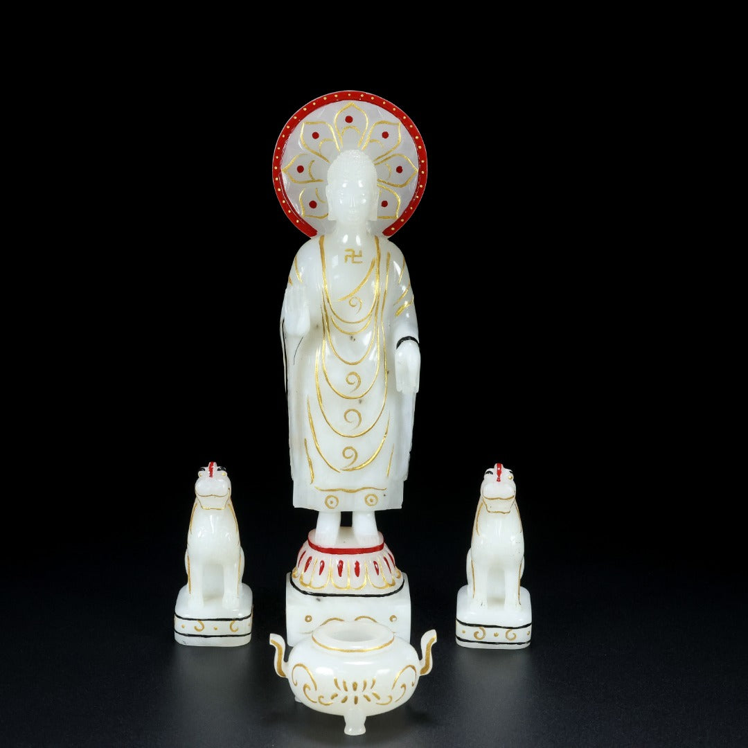 A0797 A Set Exquisite Chinese Gilt Gold White Hetian Jade Carved Siddhartha Buddha Statue & Beast Seal & Incense Burner