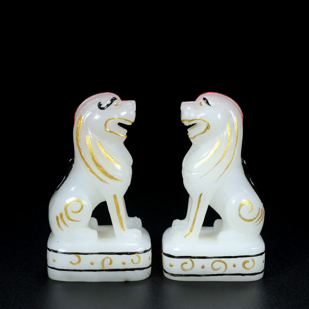 A0797 A Set Exquisite Chinese Gilt Gold White Hetian Jade Carved Siddhartha Buddha Statue & Beast Seal & Incense Burner