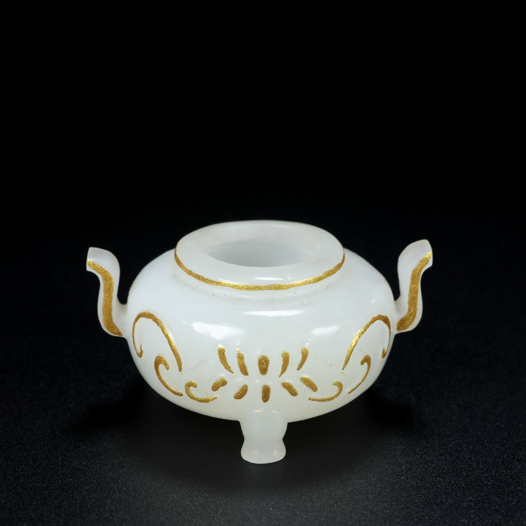 A0797 A Set Exquisite Chinese Gilt Gold White Hetian Jade Carved Siddhartha Buddha Statue & Beast Seal & Incense Burner
