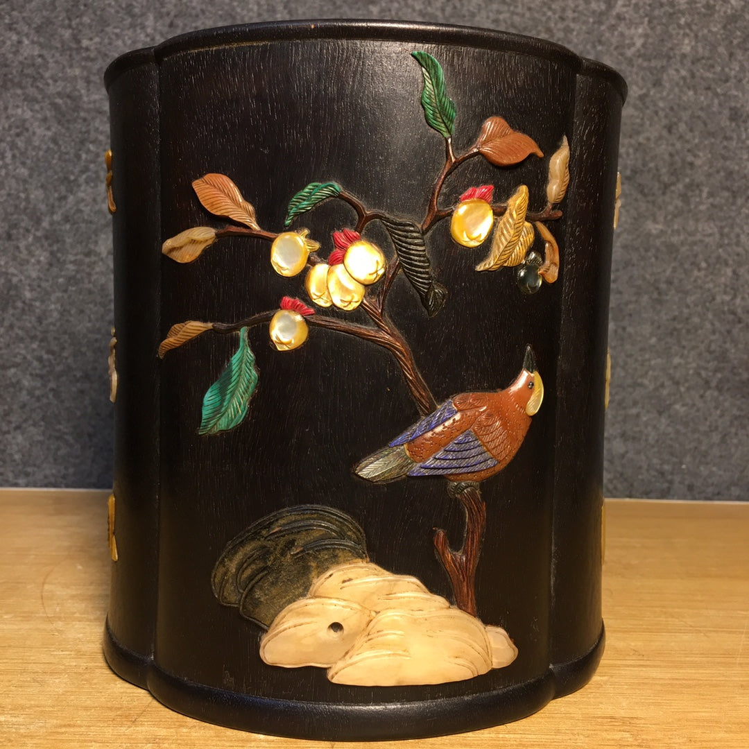 A0798 Chinese Zitan Wood Inlay Shoushan Stone & Shell & Lapis Lazuli & Turquoise Bird Design Brush Pot