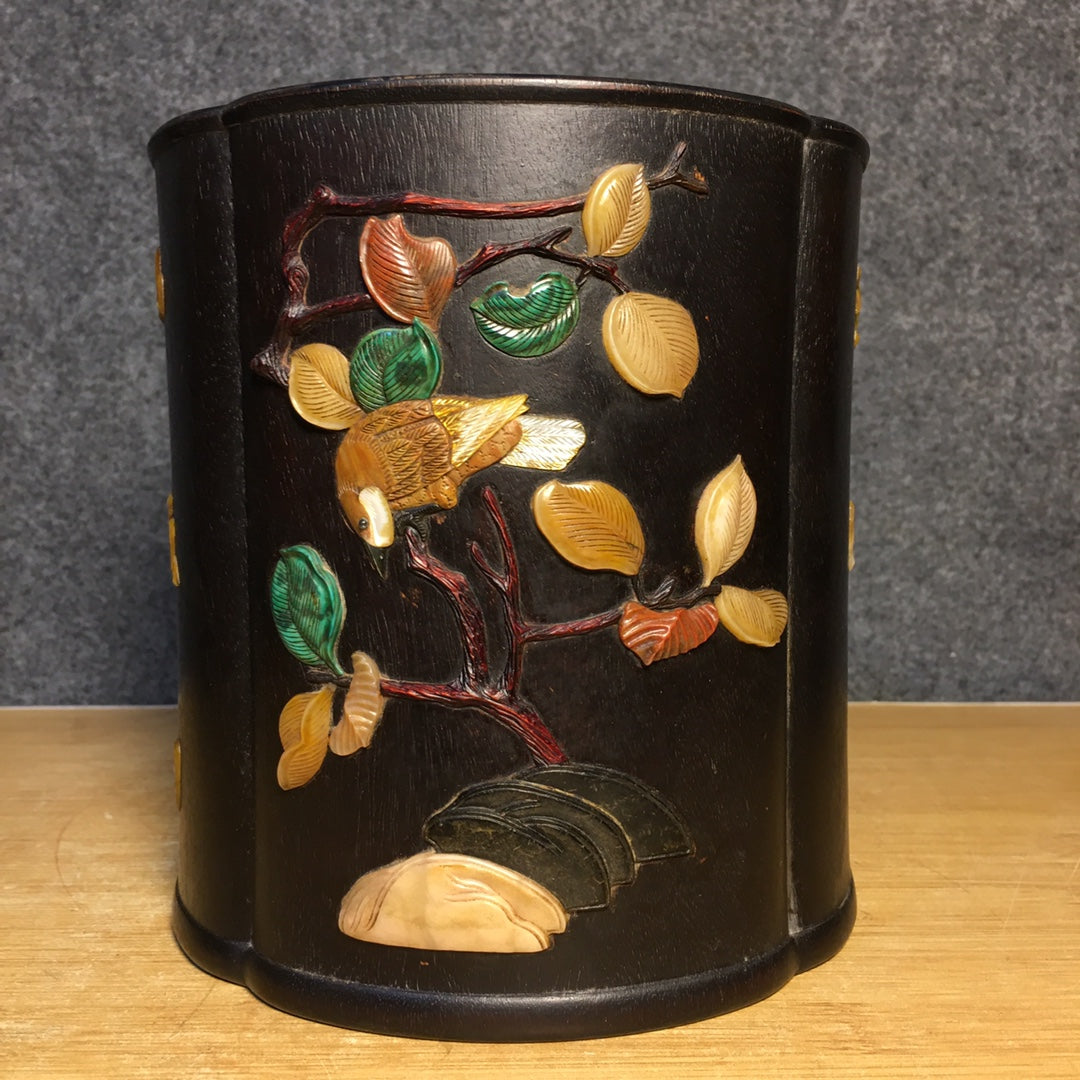 A0798 Chinese Zitan Wood Inlay Shoushan Stone & Shell & Lapis Lazuli & Turquoise Bird Design Brush Pot